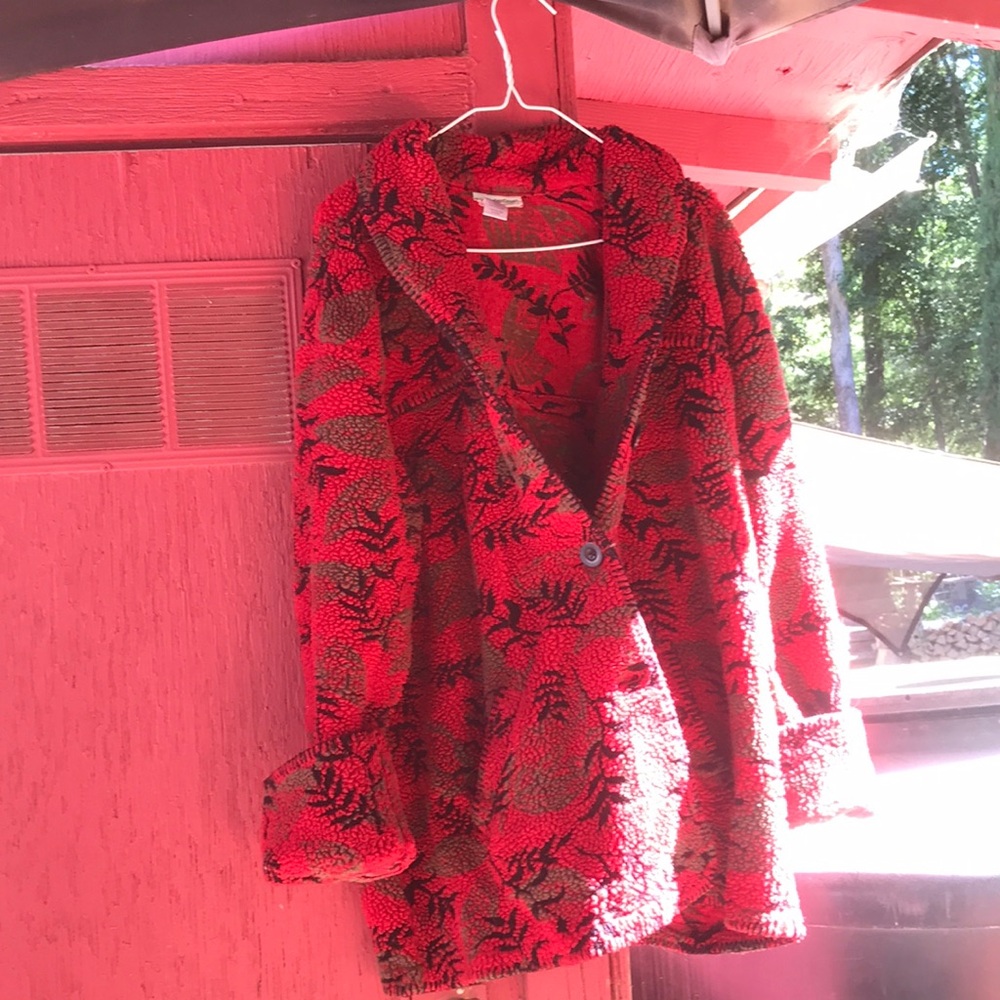 Coldwater Creek Red and Black Patterned Cozy Jacket